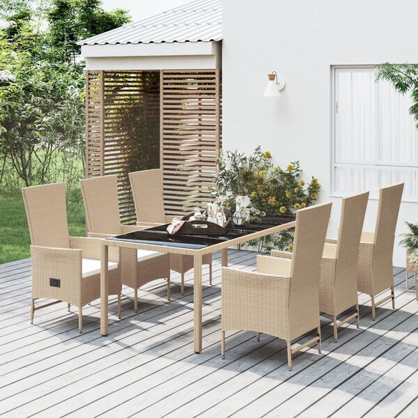 vidaXL 7 pcs conjunto de jantar p/ jardim com almofad&otilde;es vime PE bege