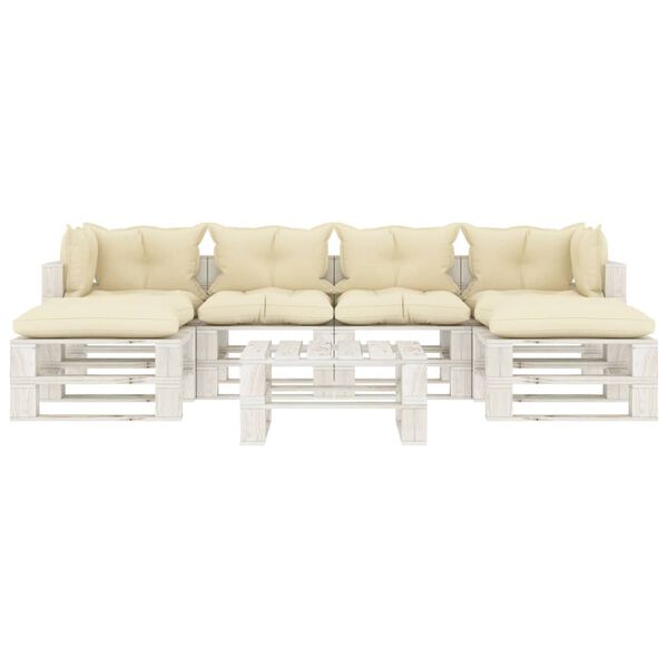 vidaXL 7 pcs conjunto lounge de jardim em paletes c/ almofad&otilde;es creme