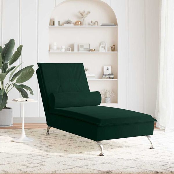 vidaXL Chaise lounge de massagem com rolo tecido verde-escuro