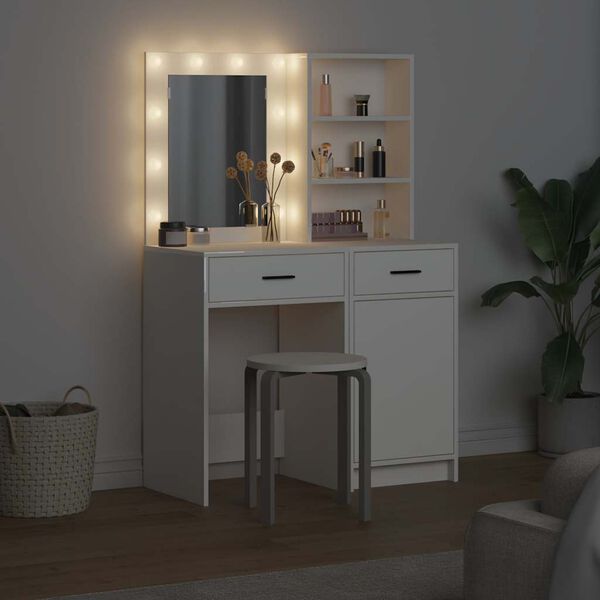 vidaXL Conjunto de Mesa de Maquiagem com LED com gaveta 2 pcs Branco
