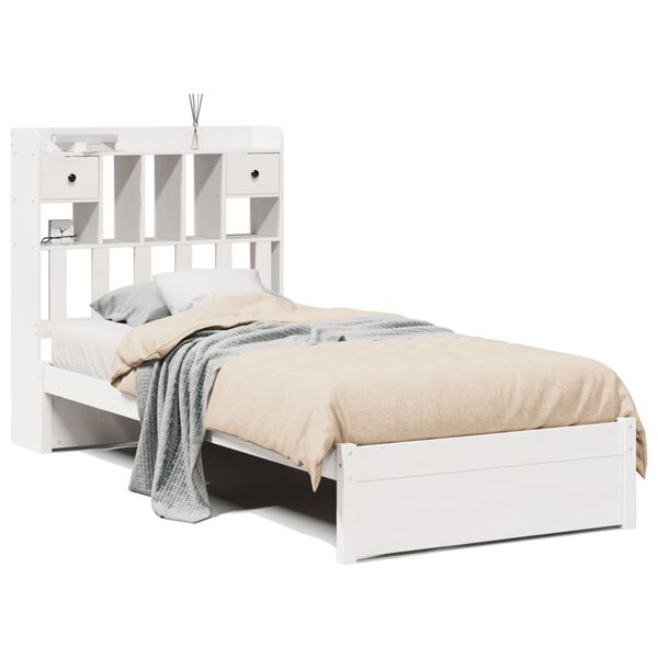 vidaXL Cama com estante sem colch&atilde;o 90x190 cm pinho maci&ccedil;o branco