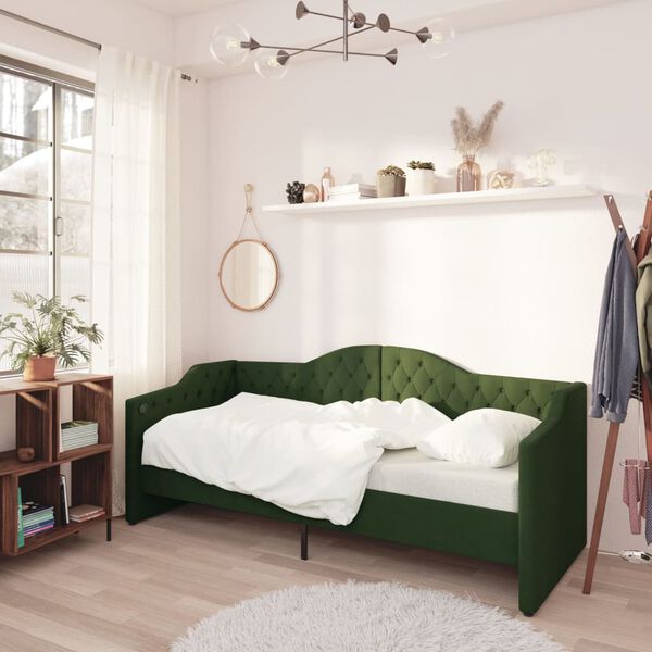 vidaXL Sofá-cama c/ saída USB 90x200 cm tecido verde-escuro
