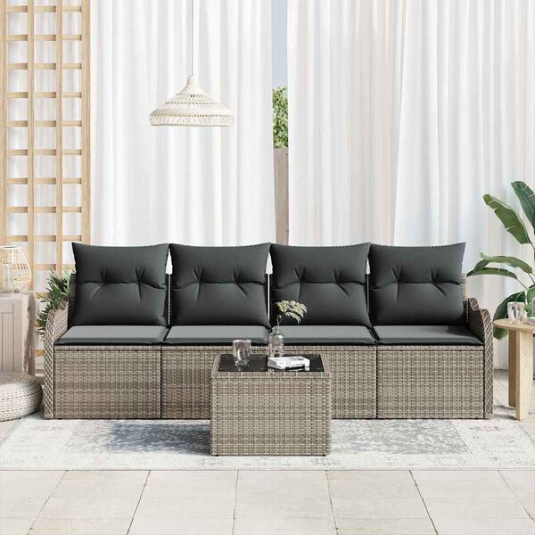 vidaXL Conjunto de Sof&aacute; de Jardim 5 pcs Cinzeto Rattan e A&ccedil;o e Vidro