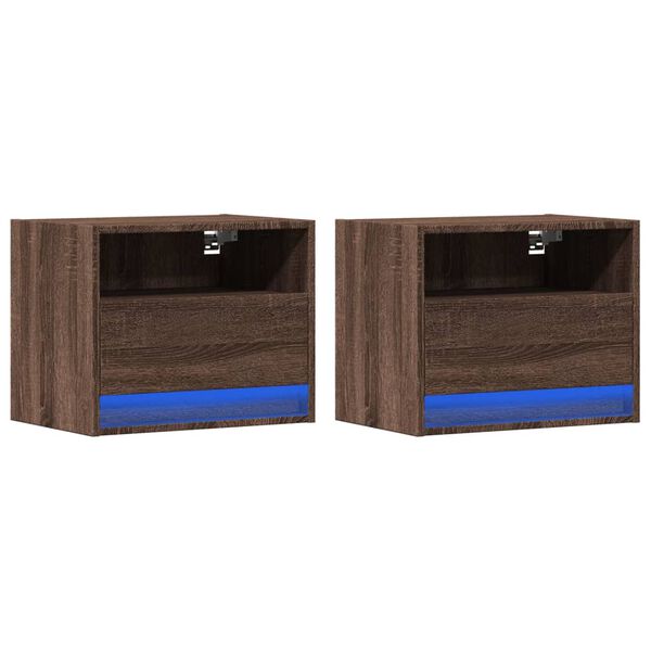 vidaXL Mesas cabeceira de parede c/ luzes LED 2 pcs carvalho castanho