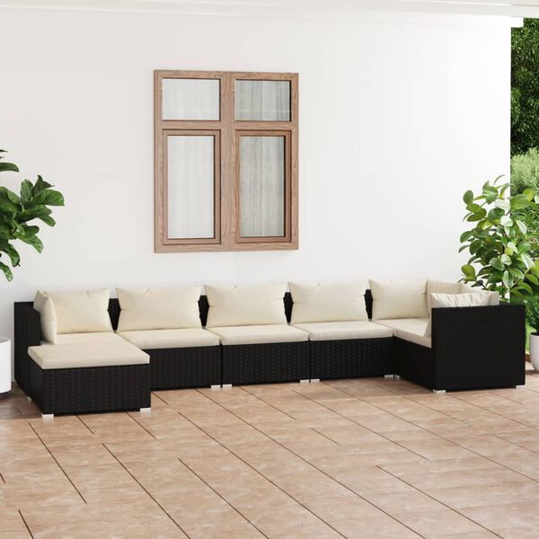 vidaXL 7 pcs conjunto lounge de jardim c/ almofad&otilde;es vime PE preto