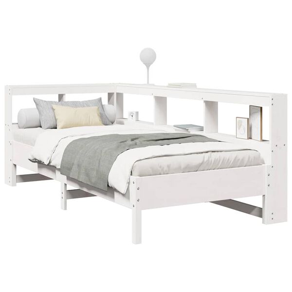 vidaXL Cama com estante sem colch&atilde;o 90x200 cm pinho maci&ccedil;o branco