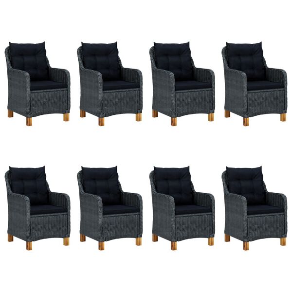 vidaXL 9 pcs conj. jantar exterior c/ almofad&otilde;es vime PE cinza-escuro