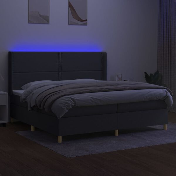 vidaXL Cama box spring c/ colch&atilde;o e LED 200x200 cm tecido cinza-escuro