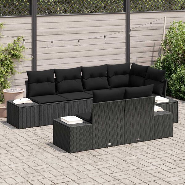 vidaXL Conjunto de Sof&aacute; de Jardim com almofada 7 pcs Preto vime PE