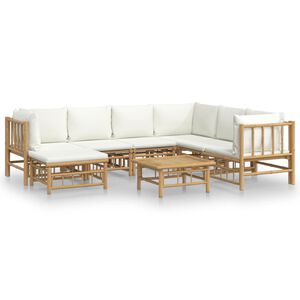 vidaXL 8 pcs conjunto lounge de jardim bambu c/ almofad&otilde;es branco nata
