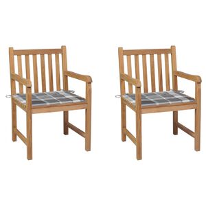 vidaXL Cadeiras jardim c/ almofad&otilde;es xadrez cinzento 2 pcs teca maci&ccedil;a