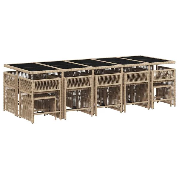 vidaXL 15 pcs conj. jantar jardim c/ almofad&otilde;es vime PE bege misturado