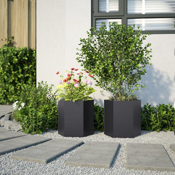 vidaXL Vasos floreiras de jardim 2 pcs hexagonal 46x40x45 cm a&ccedil;o preto