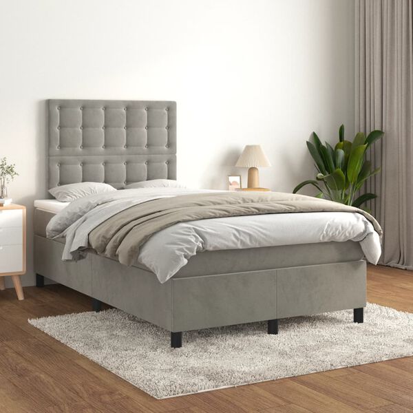 vidaXL Cama boxspring com colch&atilde;o 120x190 cm veludo cinzento-claro