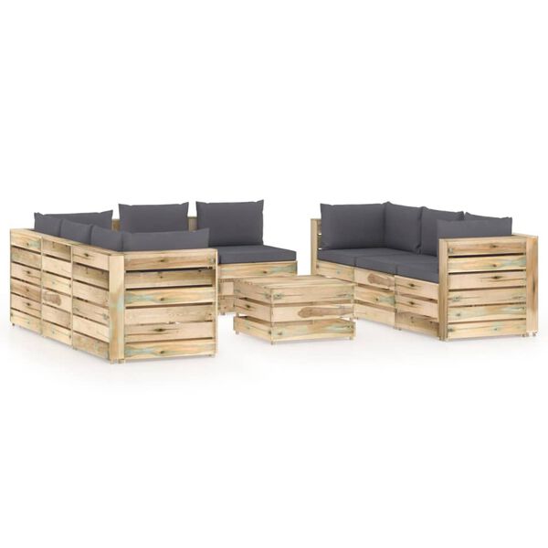 vidaXL 9 pcs conj. lounge jardim c/ almofad&otilde;es madeira impreg. verde