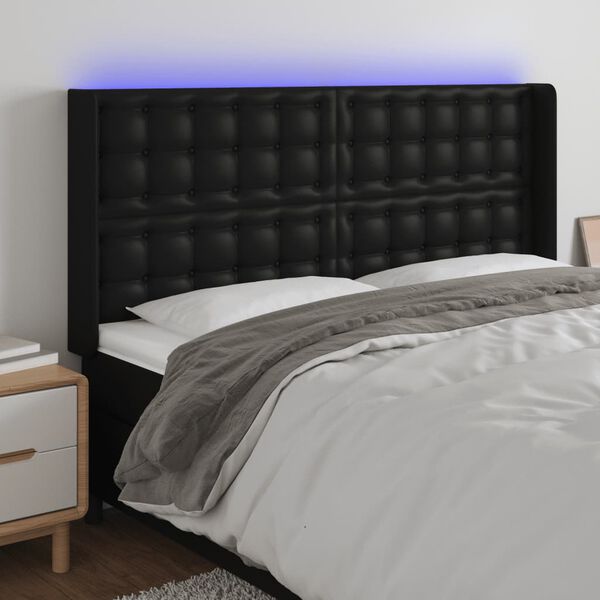 vidaXL Cabeceira cama c/ LED couro artificial 203x16x118/128 cm preto