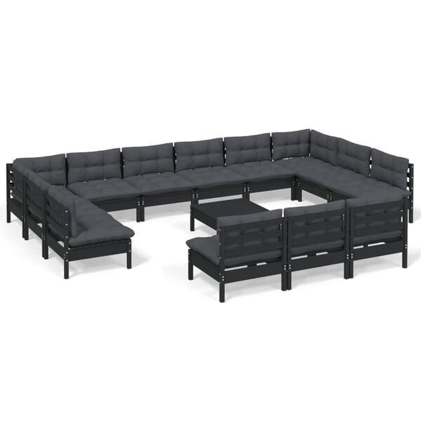 vidaXL 14 pcs conjunto lounge jardim c/ almofad&otilde;es pinho maci&ccedil;o preto