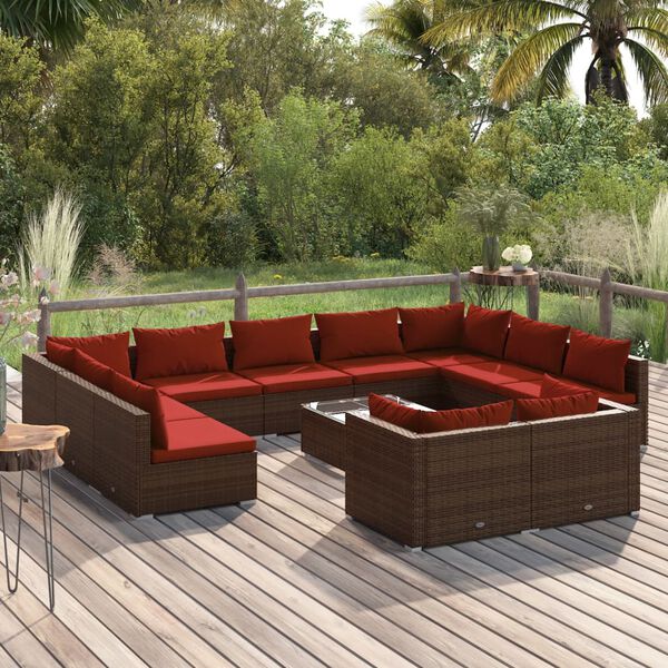 vidaXL 12 pcs conjunto lounge de jardim c/ almofad&otilde;es vime PE castanho