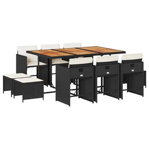 vidaXL 11 pcs conjunto de jantar p/ jardim c/ almofad&otilde;es vime PE preto
