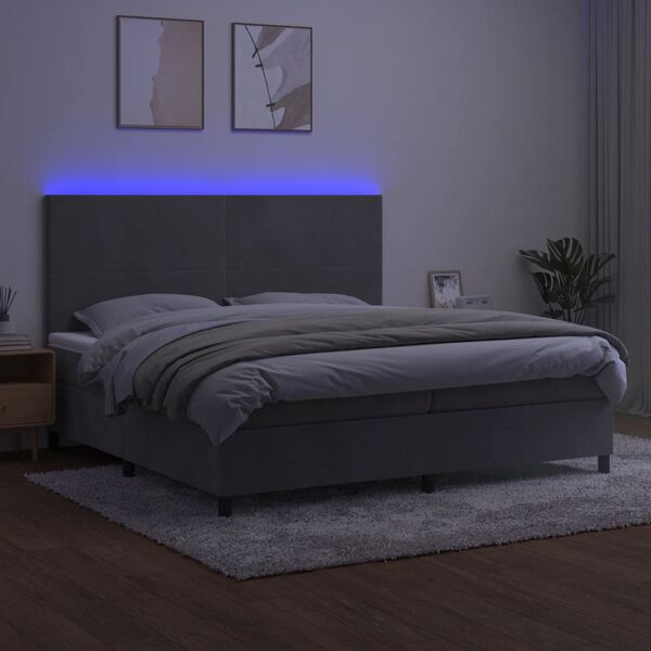 vidaXL Cama box spring c/ colch&atilde;o/LED 200x200 cm veludo cinzento-claro
