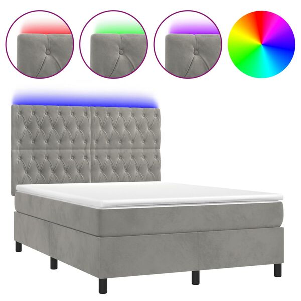 vidaXL Cama box spring c/ colch&atilde;o/LED 140x190 cm veludo cinzento