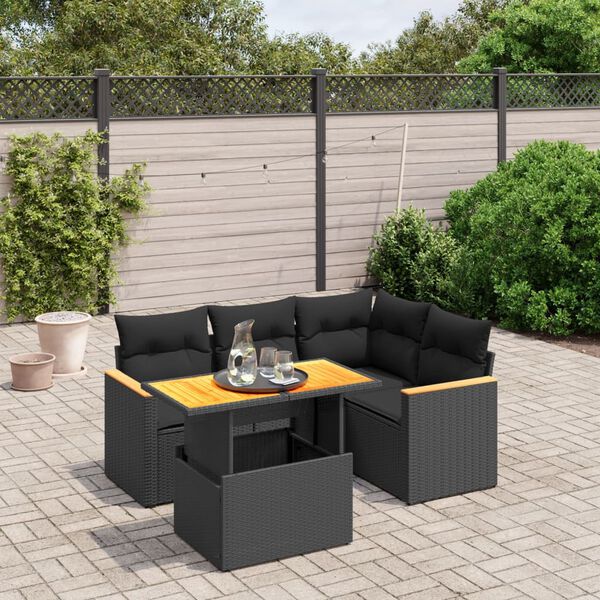 vidaXL 5 pcs conjunto sof&aacute;s de jardim com almofad&otilde;es vime PE preto
