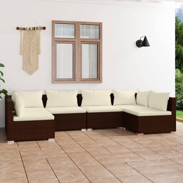 vidaXL 6 pcs conjunto lounge jardim c/ almofad&otilde;es vime PE castanho