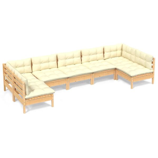 vidaXL 7 pcs conjunto lounge jardim c/ almofadões creme pinho maciço