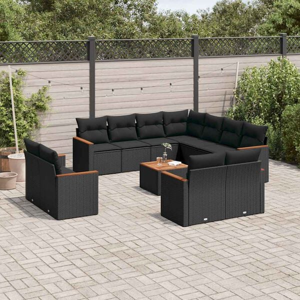 vidaXL 12 pcs conjunto de sofás de jardim c/ almofadões vime PE preto