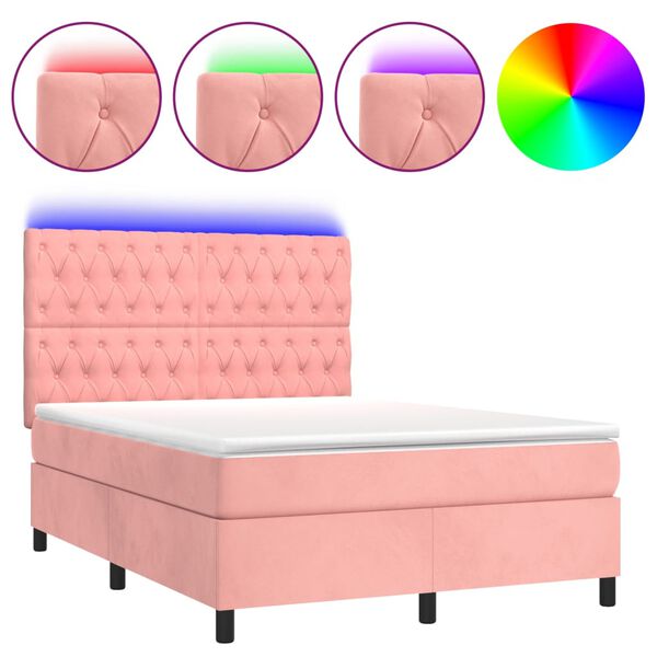 vidaXL Cama box spring c/ colch&atilde;o/LED 140x200 cm veludo rosa