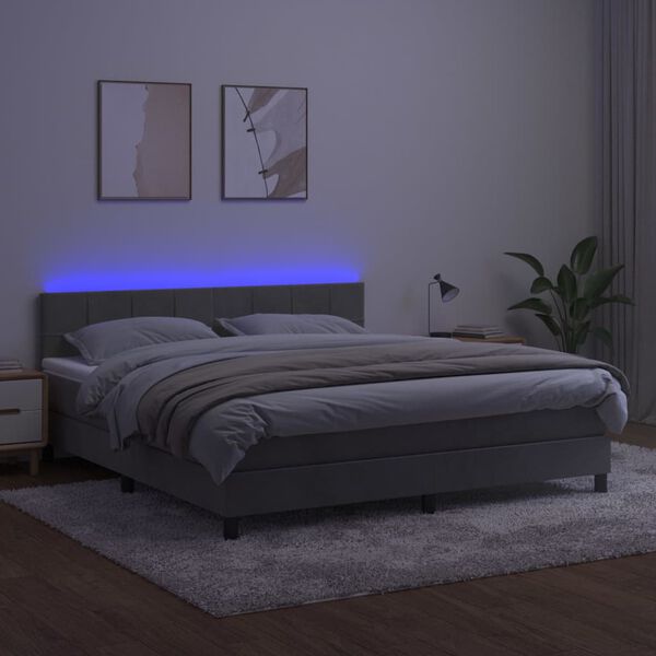 vidaXL Cama box spring c/ colch&atilde;o/LED 160x200 cm veludo cinzento-claro
