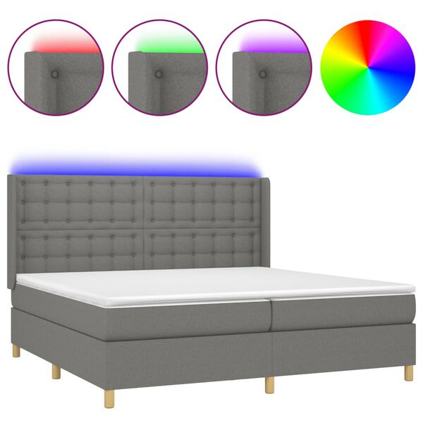 vidaXL Cama box spring c/ colch&atilde;o e LED 200x200 cm tecido cinza-escuro