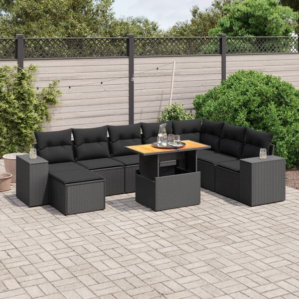 vidaXL 9 pcs conjunto de sof&aacute;s p/ jardim c/ almofad&otilde;es vime PE preto