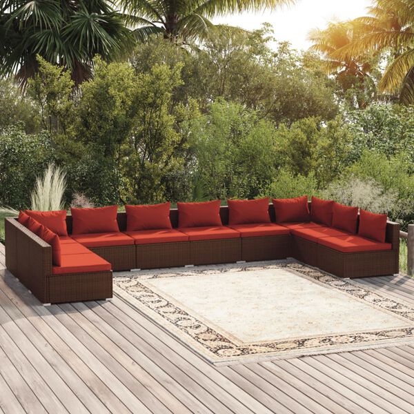 vidaXL 10 pcs conjunto lounge jardim c/ almofad&otilde;es vime PE castanho