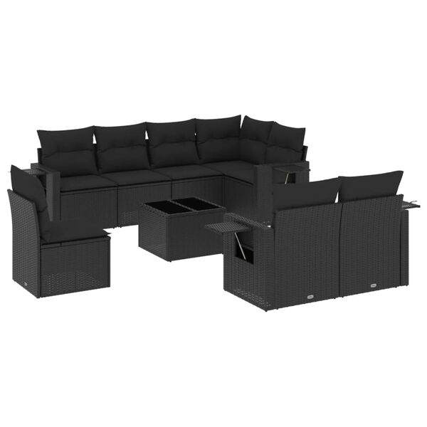 vidaXL 9 pcs conjunto de sof&aacute;s p/ jardim c/ almofad&otilde;es vime PE preto