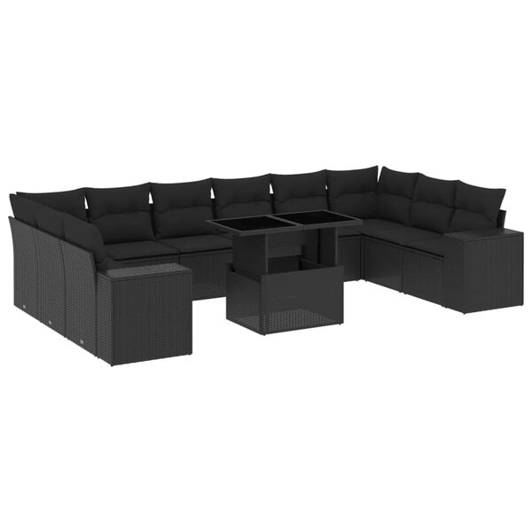 vidaXL 11 pcs conjunto sof&aacute;s de jardim c/ almofad&otilde;es vime PE preto