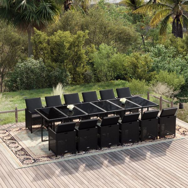 vidaXL 13 pcs conjunto jantar p/ jardim c/ almofad&otilde;es vime PE preto