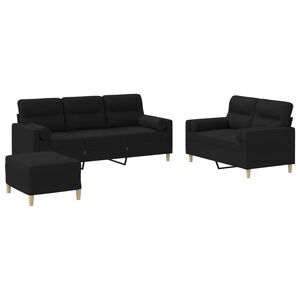 vidaXL 3 pcs conjunto de sof&aacute;s com almofadas tecido preto
