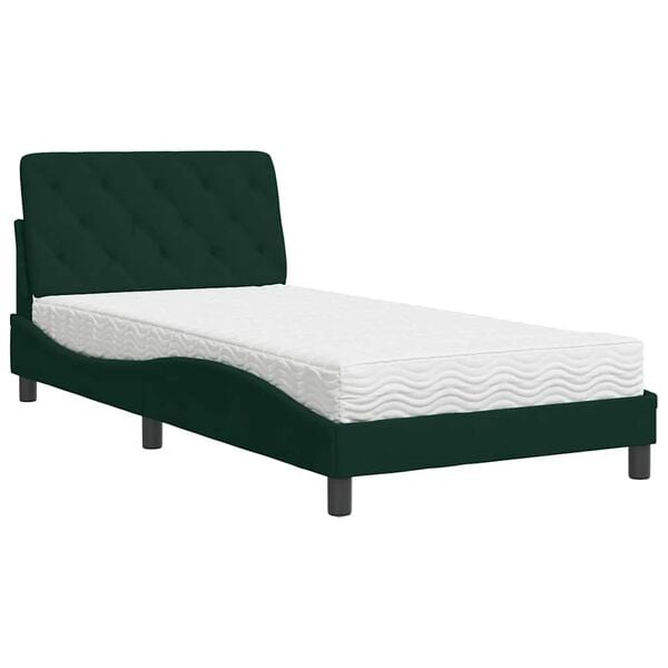 vidaXL Cama com colch&atilde;o 100x200 cm veludo verde-escuro