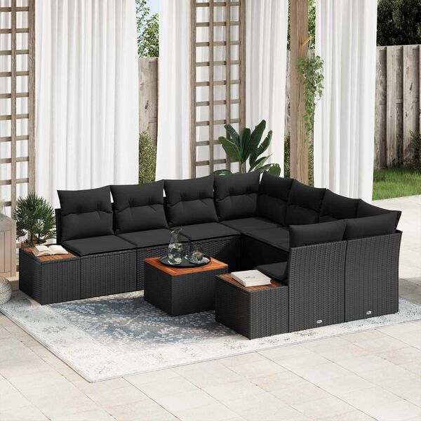 vidaXL Conjunto de Sof&aacute; de Jardim 9 pcs Preto Rattan Sint&eacute;tico