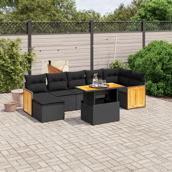 vidaXL 8 pcs conjunto sof&aacute;s de jardim com almofad&otilde;es vime PE preto