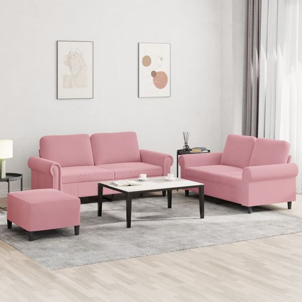 vidaXL 3 pcs conjunto de sof&aacute;s com almofad&otilde;es veludo rosa