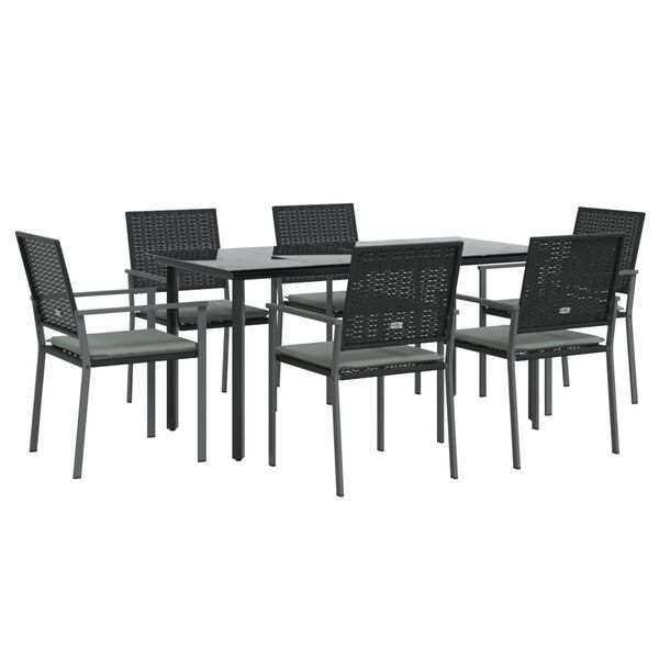 vidaXL 7 pcs conjunto de jantar p/ jardim c/ almofad&otilde;es vime PE e a&ccedil;o
