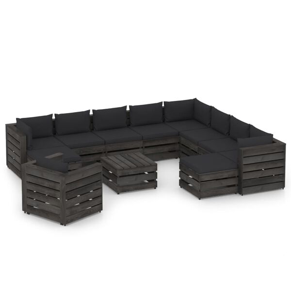 vidaXL 12pcs conj. lounge jardim + almofad&otilde;es madeira impreg. cinzento