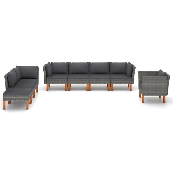 vidaXL 8 pcs conj. lounge jardim vime PE e madeira eucalipto cinzento