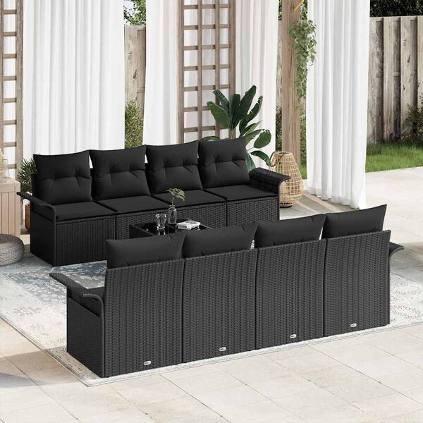 vidaXL Conjunto de Sof&aacute; de Jardim com almofada 9 pcs Preto vime PE