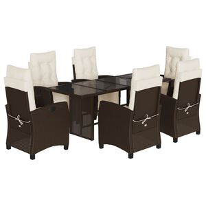 vidaXL 7 pcs conjunto jantar p/ jardim c/ almofad&otilde;es vime PE castanho