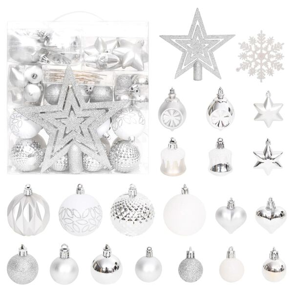 vidaXL 70 pcs conjunto de enfeites de Natal prateado e branco