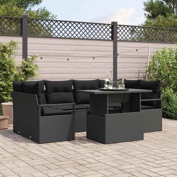 vidaXL Conjunto de Sof&aacute; de Jardim com travesseiro 7 pcs Preto vime PE