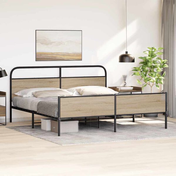 vidaXL Estrutura de cama sem colch&atilde;o 193x203cm metal carvalho fumado